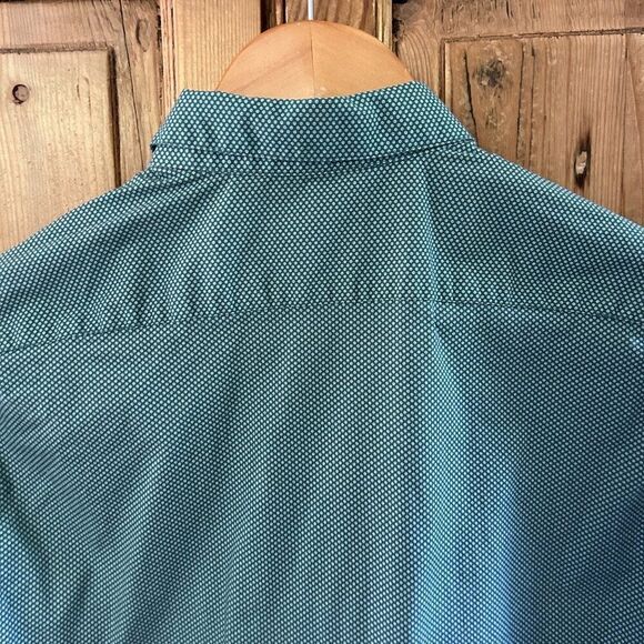 Men's Theory Small Zack Button Up Green White Dots Button Collar Short Sleeve - Picture 7 of 11